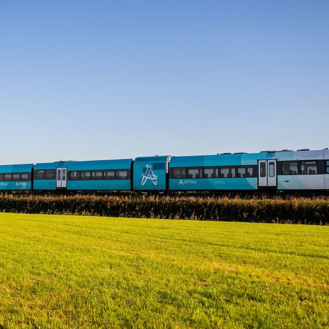Een blauw-witte Arriva-trein rijdt door een groen landschap onder een blauwe lucht.