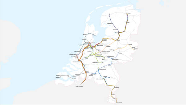 Een kaart van Nederland met daarin een overzicht van alle open toegang treindiensten van Arriva Een kaart van Nederland met daarin een overzicht van alle open toegang treindiensten van Arriva