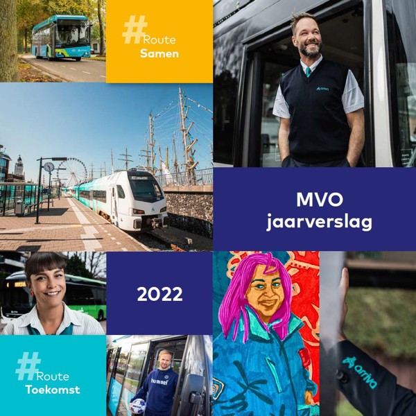 'MVO jaarverslag 2022, Route Samen, Route Duurzaamheid, Route Toekomst' met foto's van Arriva collega's, treinen, bussen en reizigers. 'MVO jaarverslag 2022, Route Samen, Route Duurzaamheid, Route Toekomst' met foto's van Arriva collega's, treinen, bussen en reizigers.