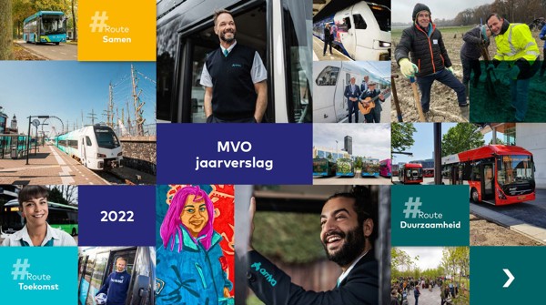 'MVO jaarverslag 2022, Route Samen, Route Duurzaamheid, Route Toekomst' met foto's van Arriva collega's, treinen, bussen en reizigers.
