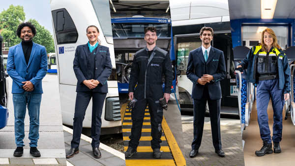 Vijf collega's van Arriva staan in hun uniform naast elkaar: een teammanager, machinist, monteur, buschauffeur en medewerker service & veiligheid. Vijf collega's van Arriva staan in hun uniform naast elkaar: een teammanager, machinist, monteur, buschauffeur en medewerker service & veiligheid.