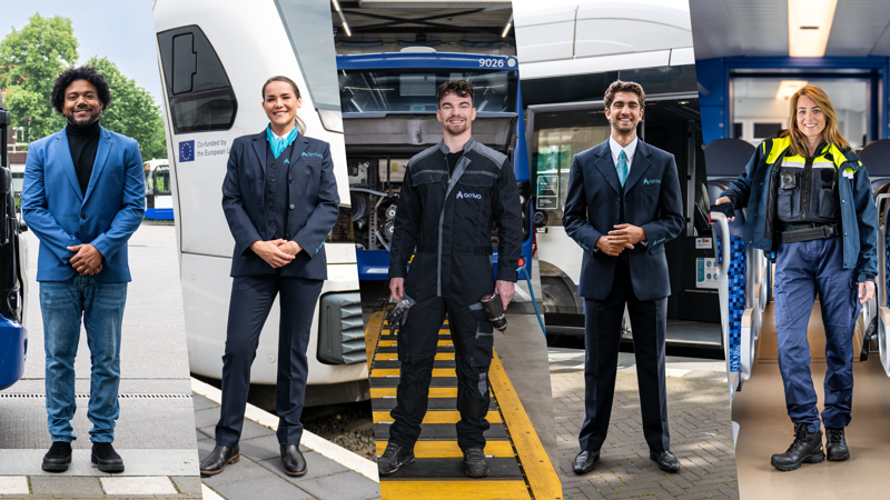 Vijf collega's van Arriva staan in hun uniform naast elkaar: een teammanager, machinist, monteur, buschauffeur en medewerker service & veiligheid. Vijf collega's van Arriva staan in hun uniform naast elkaar: een teammanager, machinist, monteur, buschauffeur en medewerker service & veiligheid.
