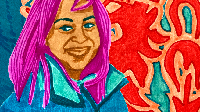 Illustratie van een vrouw met onze haar in een blauwe Arriva-jas.