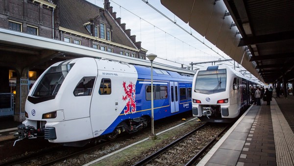  Twee Arriva-treinen staan op het perron, waarbij op een van de treinen de Limburgse leeuw te zien is.
