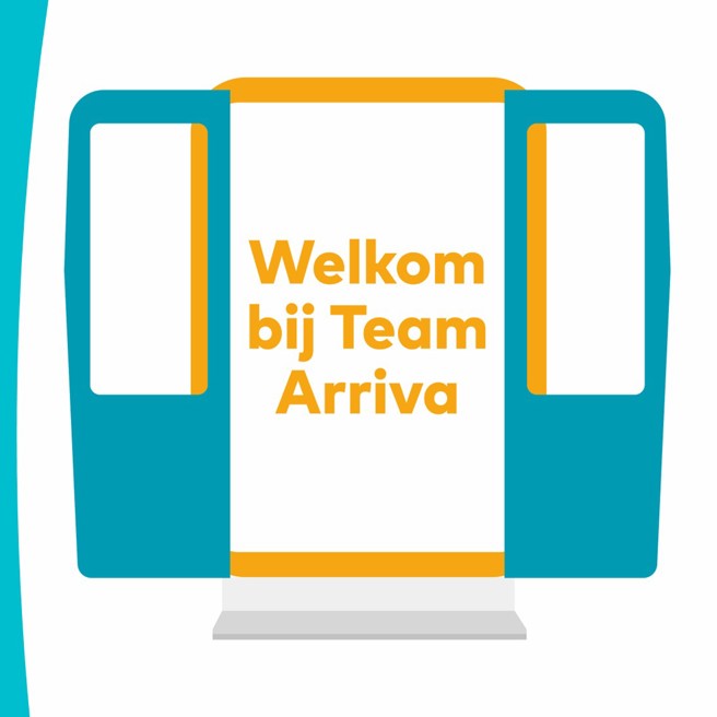 Een Icoon van open treindeuren in aqua blauw en okergeel met de tekst: 'Welkom bij Team Arriva'.