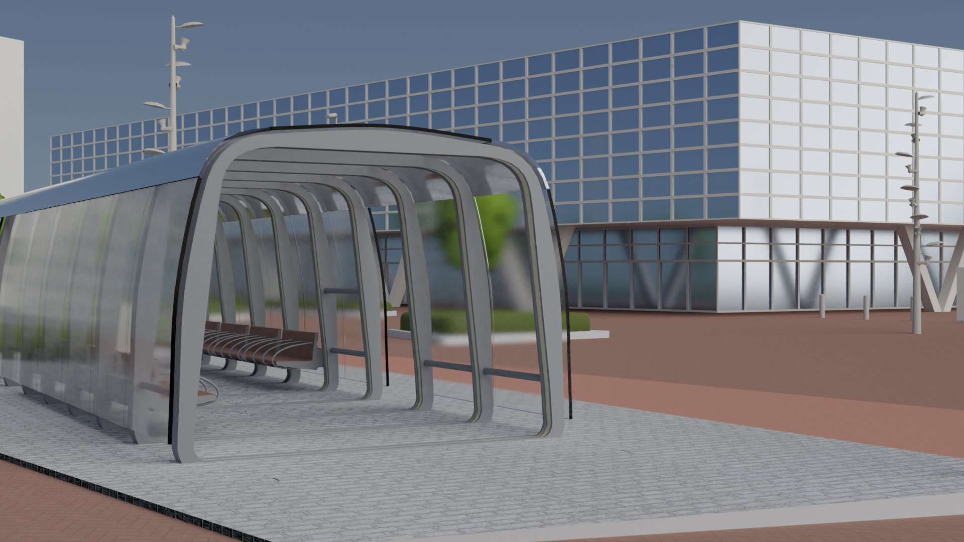 Artist impression van van een moderne, glazen bushalte met banken, gelegen op een plein voor een groot gebouw met glazen gevel.