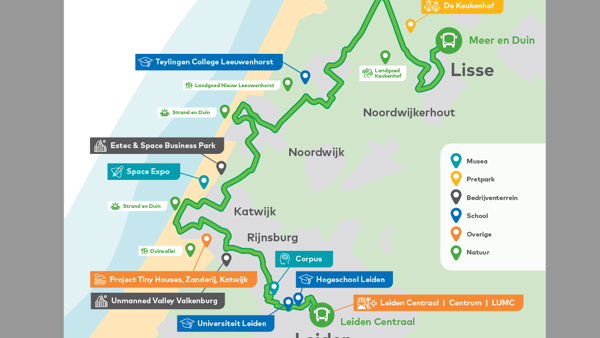 Een kaartillustratie van de route van Lisse naar Leiden.