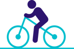 Een icoon van een fietser op een blauwe fiets.