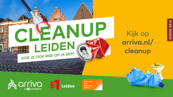 Een banner met de tekst: 'Cleanup Leiden. Doe je ook mee op 24 sep? Kijk op arriva.nl/cleanup.' en illustraties van afval eromheen.