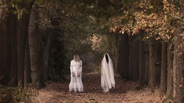 Een bos waarin twee duistere vrouwen in witte gewaden op een pad staan. Echte Witte Wieven. Een bos waarin twee duistere vrouwen in witte gewaden op een pad staan. Echte Witte Wieven.