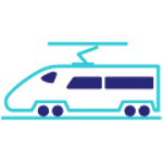 Een icoon van een blauwe elektrische trein op het spoor.