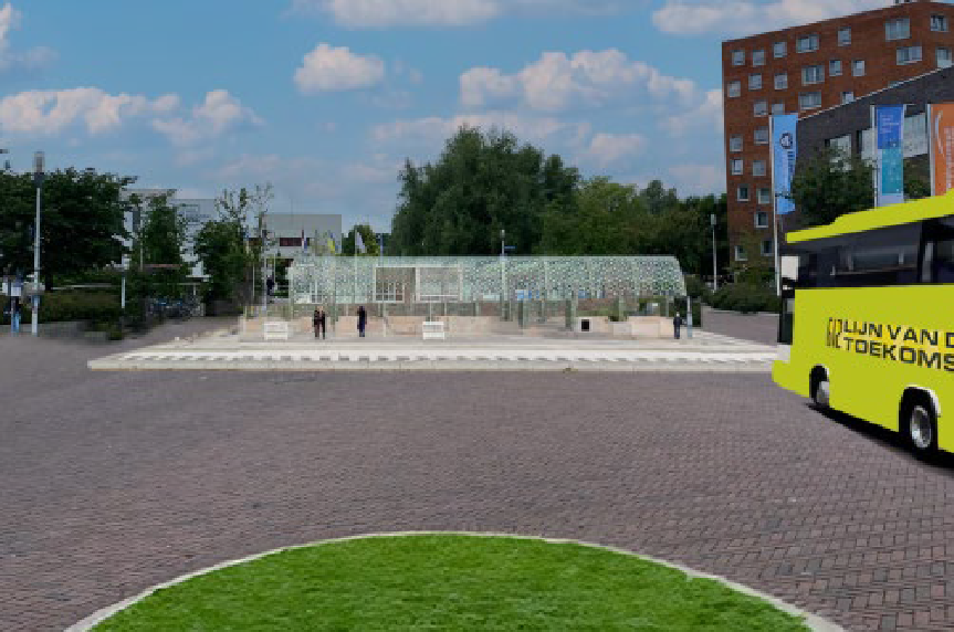 Artist impression van een plein met glazen bushalte en een gele bus met 'Lijn van de toekomst erop'