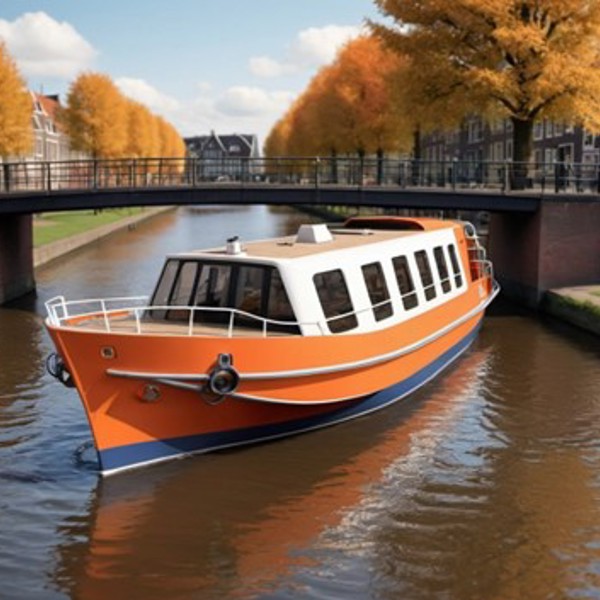 Oranje rondvaartboot vaart door een gracht omringd door herfstbomen en bruggen in een stedelijke omgeving. Oranje rondvaartboot vaart door een gracht omringd door herfstbomen en bruggen in een stedelijke omgeving.