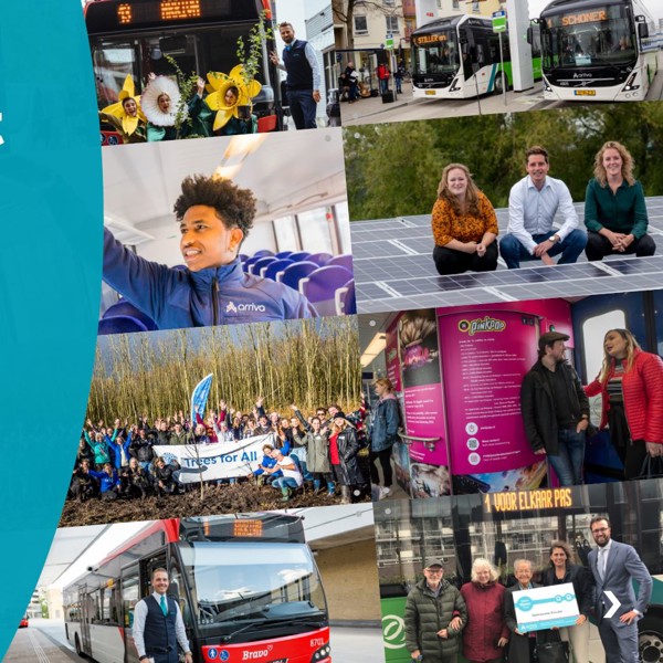 'Arriva verbindt MVO jaarverslag 2019' met daarnaast foto's van reizigers, Arriva-collega's en bussen en treinen.