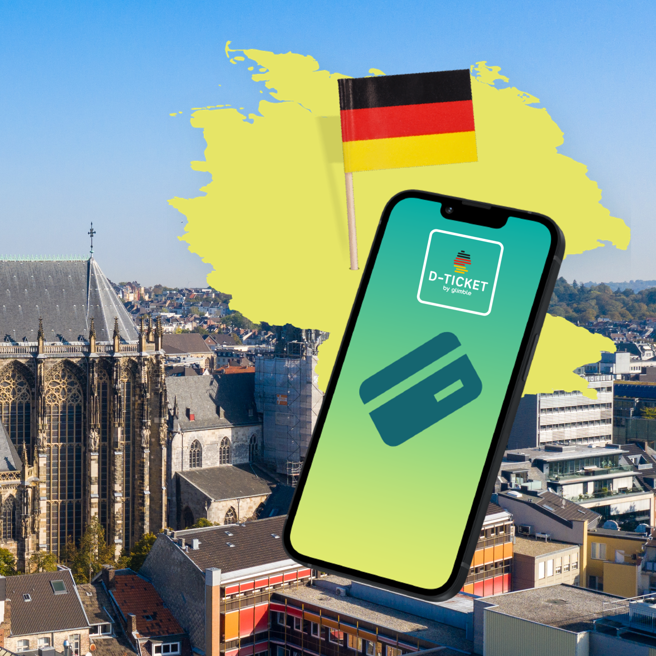 Een landkaart en vlag van Duitsland, een telefoon met daarop een D-ticket, met een stads op de achtergrond.