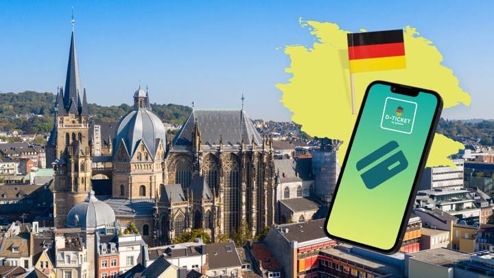 Een landkaart en vlag van Duitsland, een telefoon met daarop een D-ticket, met een stads op de achtergrond.