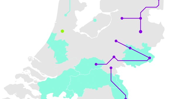Illustratie van de landkaart van Nederland met de routes van Arriva-treinen.
