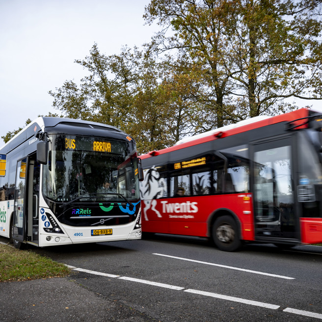 Een witte Arriva-bus met Rrreis erop staat bij de halte en wordt ingehaald door een rode Arriva-bus.