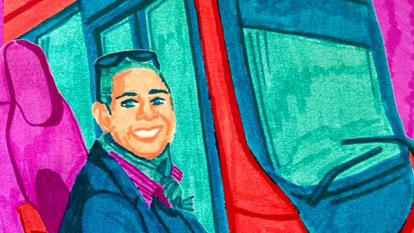 Illustratie van een vrouwelijke busschauffeur achter het stuur in felle kleuren roze, rood en groen.