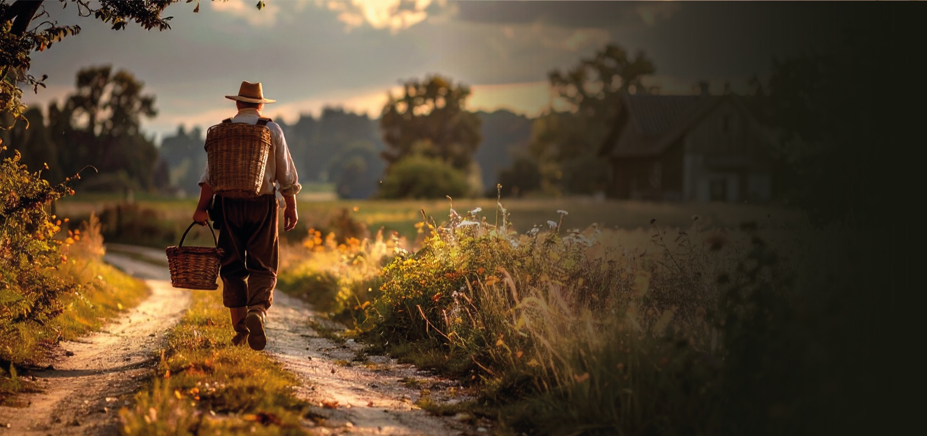Marskramer loopt met zijn manden over een zandpad door de natuur