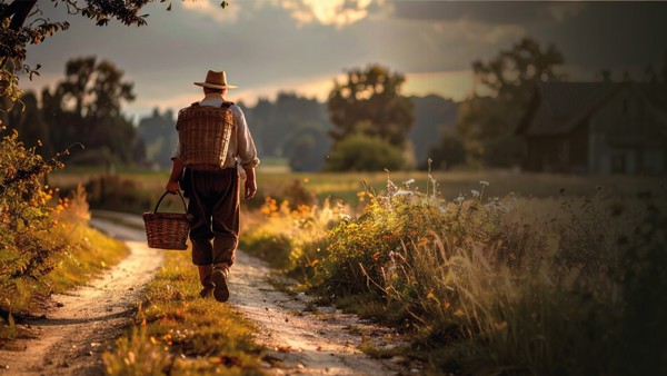 De Marskramer, trein tussen Zutphen Hengelo en Oldenzaal | Arriva Marskramer loopt met zijn manden over een zandpad door de natuur